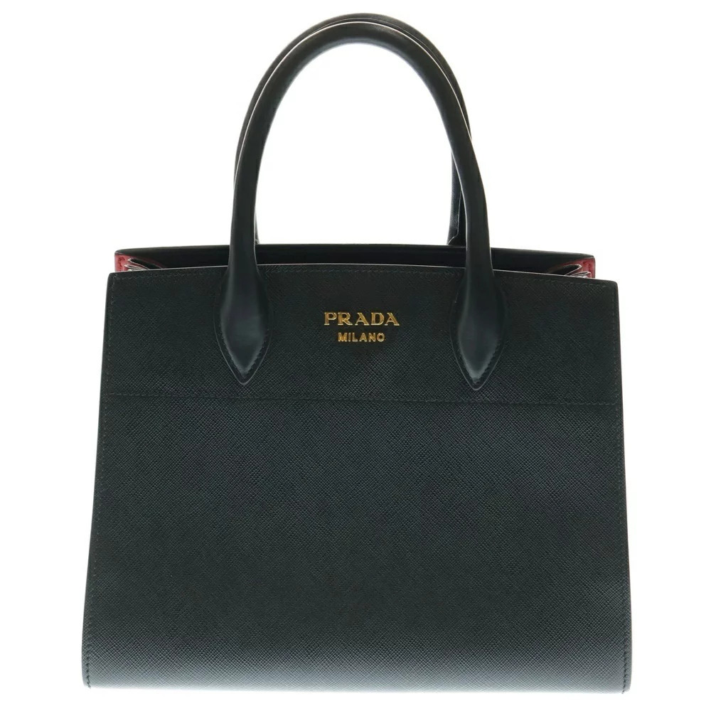 PRADA Bibliotheque handbag shoulder bag black red Saffiano leather